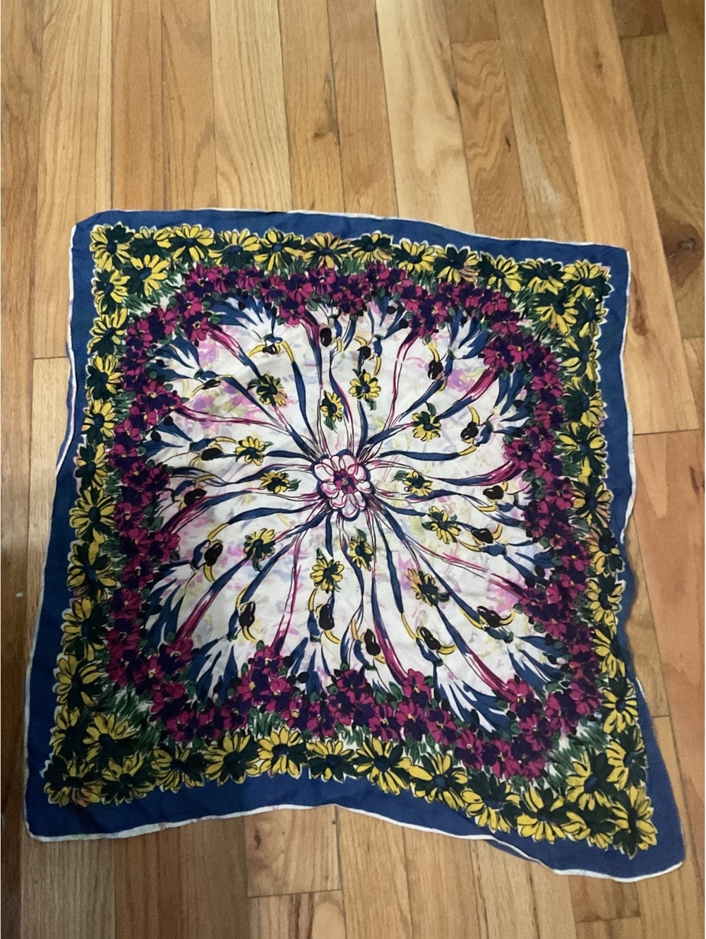 Vintage Hand painted Floral Print Scarf with Blue Border